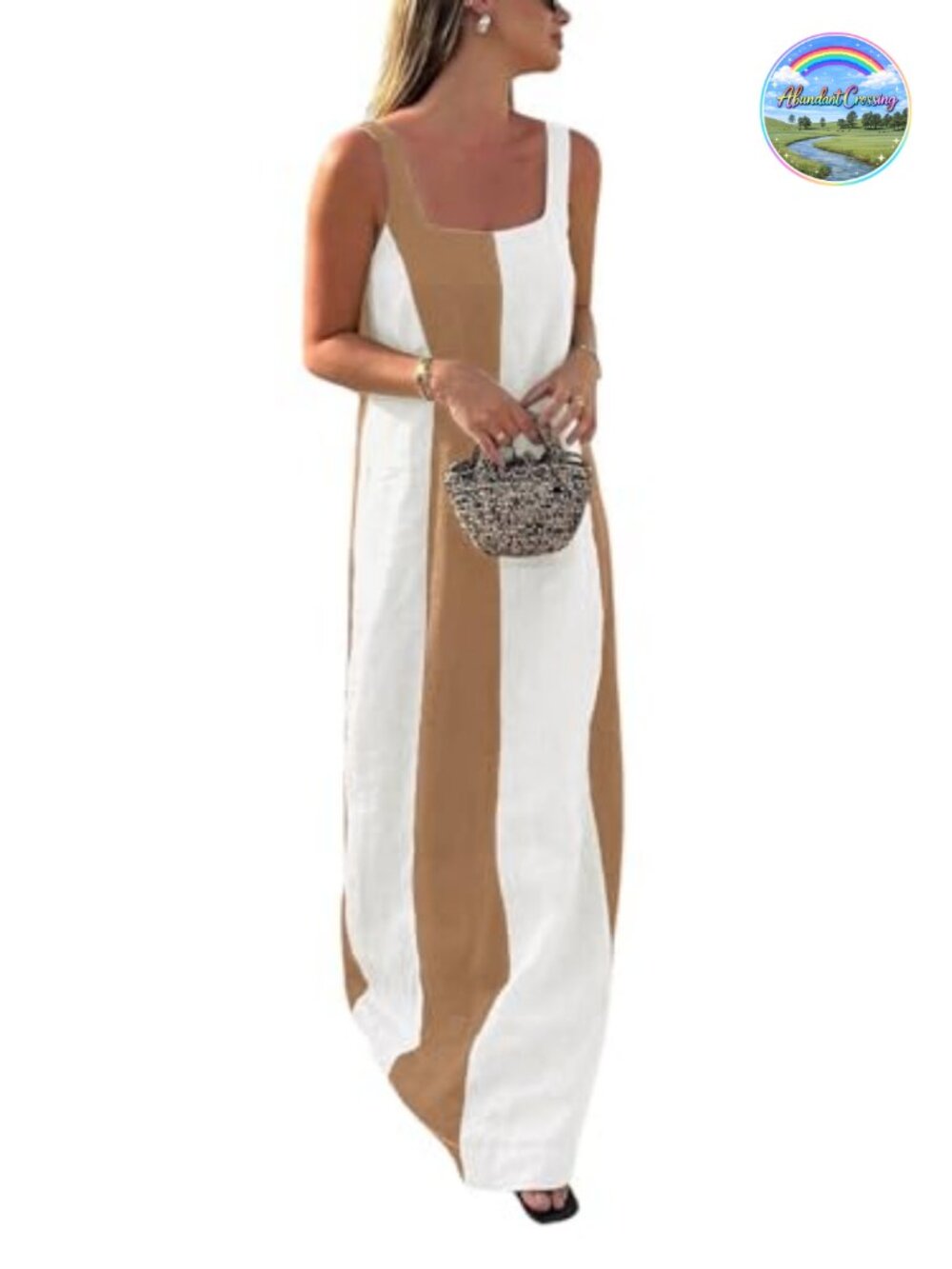 Sleeveless Linen Maxi Tank Dress Contrast Color Summer Vacation
